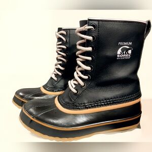 Sorel Black Waterproof Lace-Up Winter Boots with Tan Trim